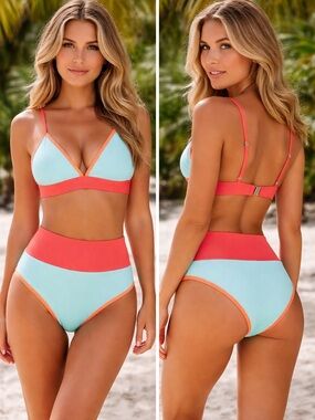 Colorblock High Waist Bikini Set Coral & Turquoise Ribbed Size Small